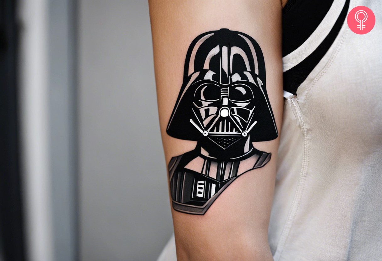 Black and white darth vader tattoo on the forearm