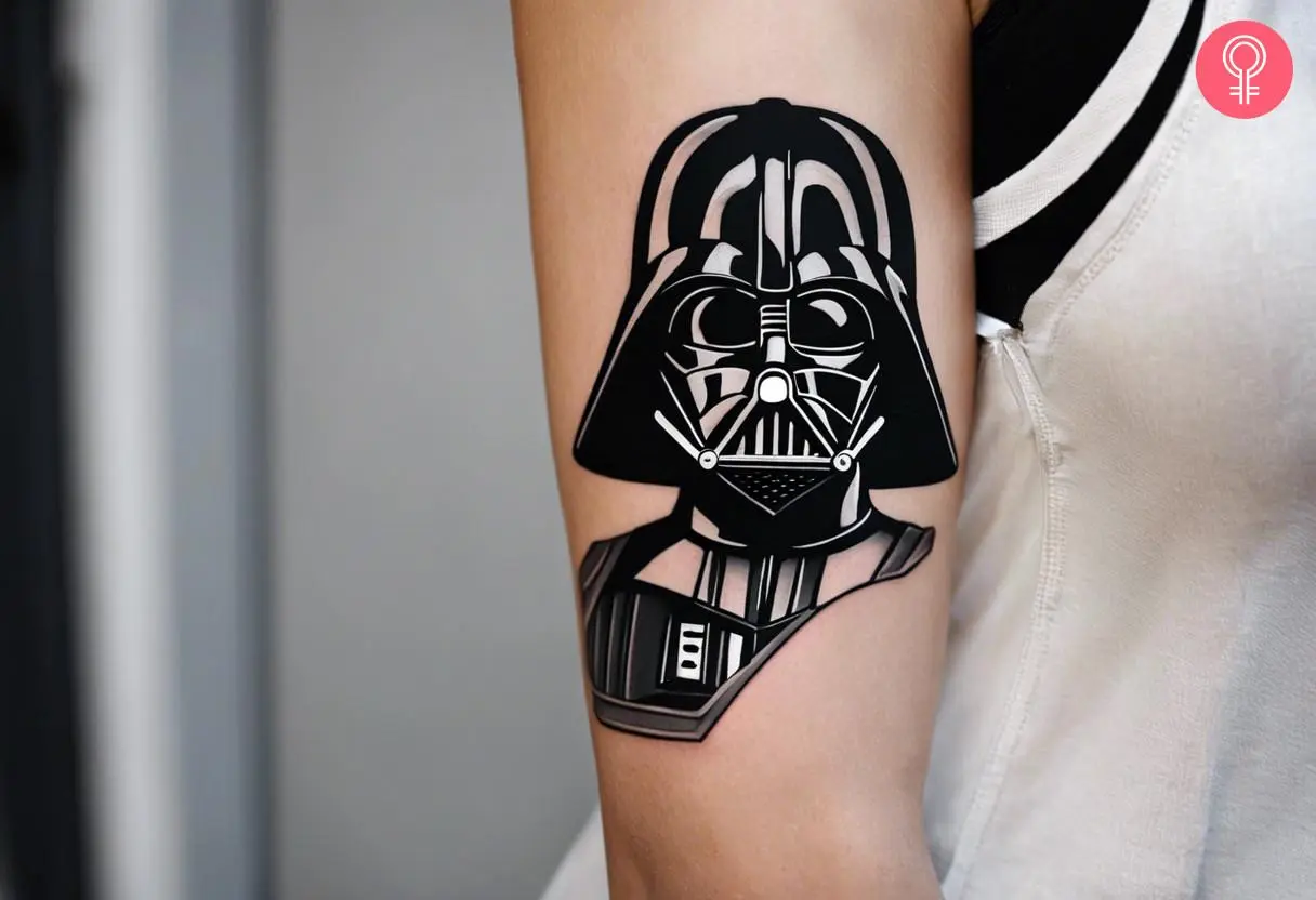 Black and white darth vader tattoo on the forearm