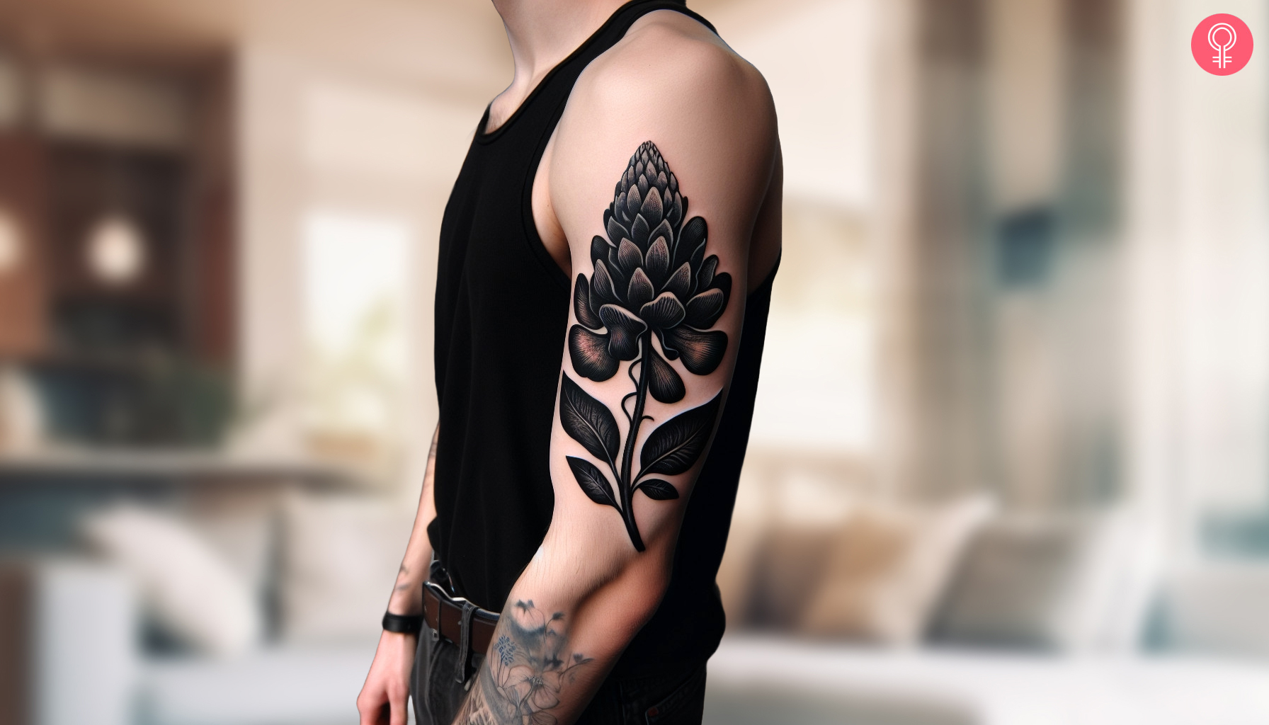 Black bluebonnet tattoo on the arm of a man