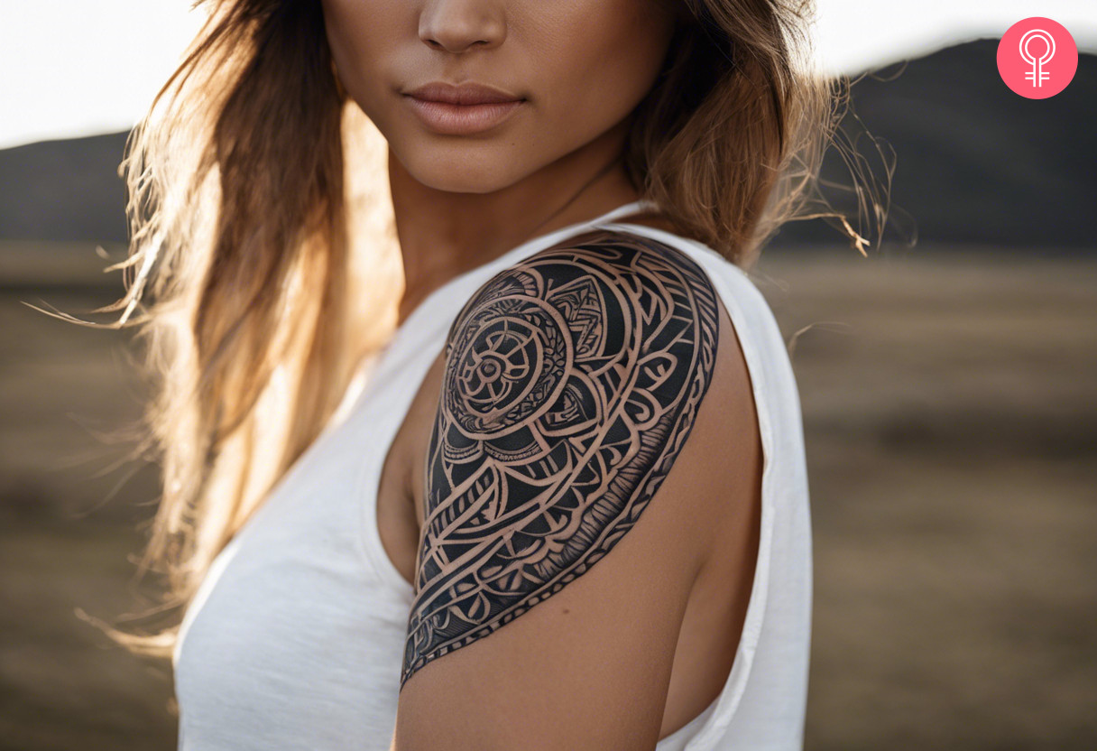 Blackwork leaf maori shoulder tattoo on a woman