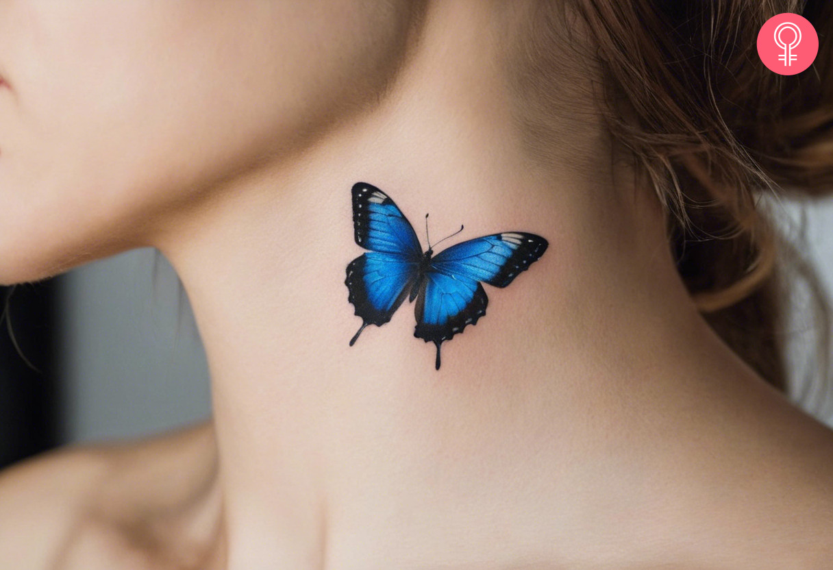 A blue butterfly tattoo on the neck