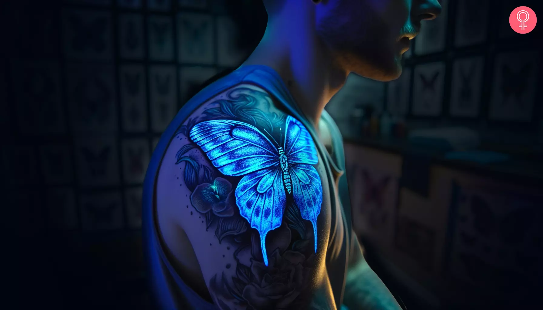 A blue butterfly UV tattoo on the shoulder of a man