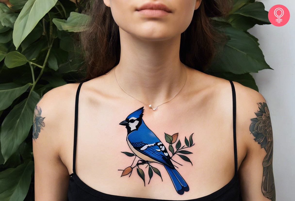 A close up of a flying blue jay tattoo on a woman’s chest