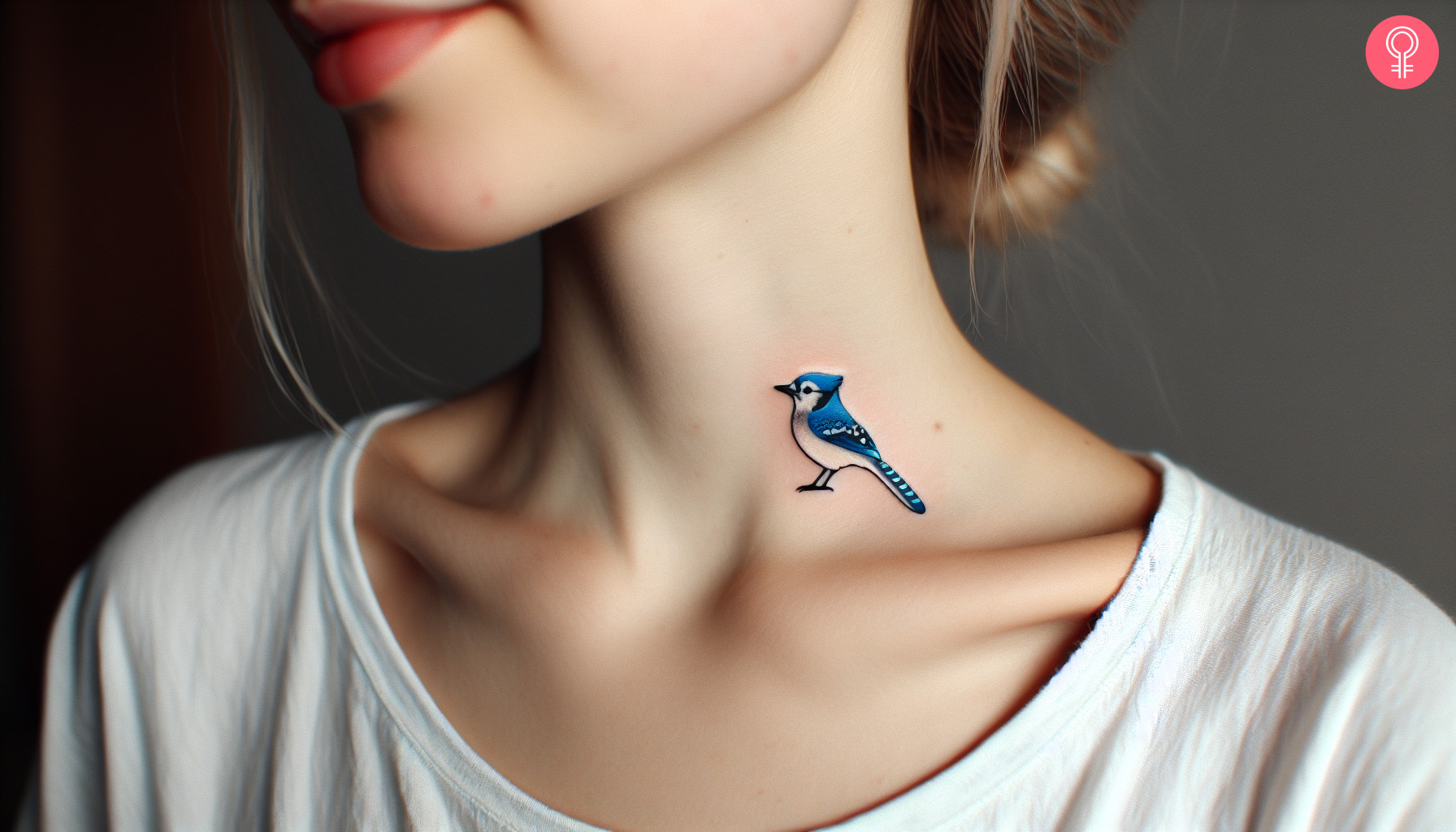 A close up of a blue jay neck tattoo