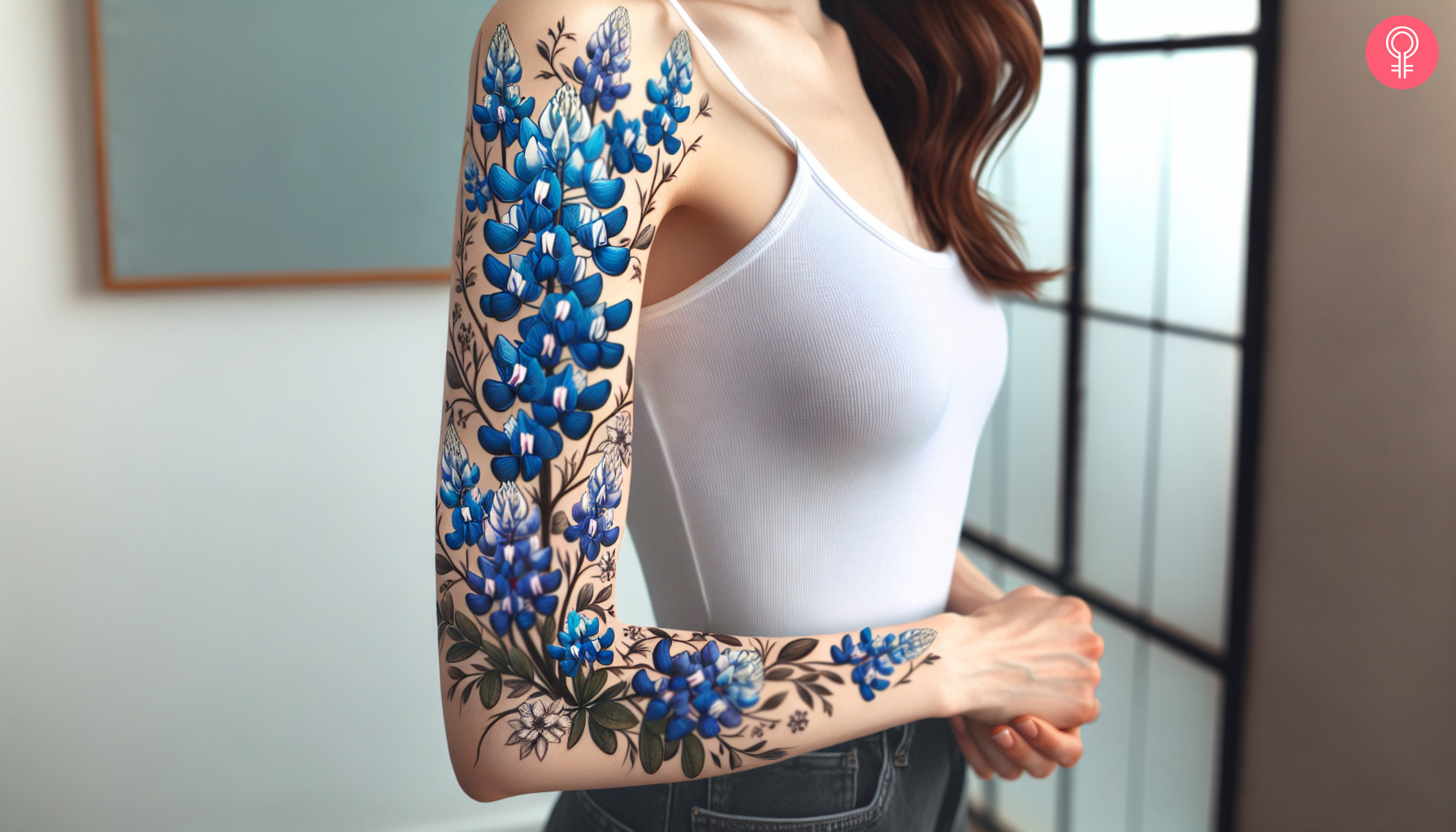 Bluebonnet tattoo on the arm sleeve of a woman