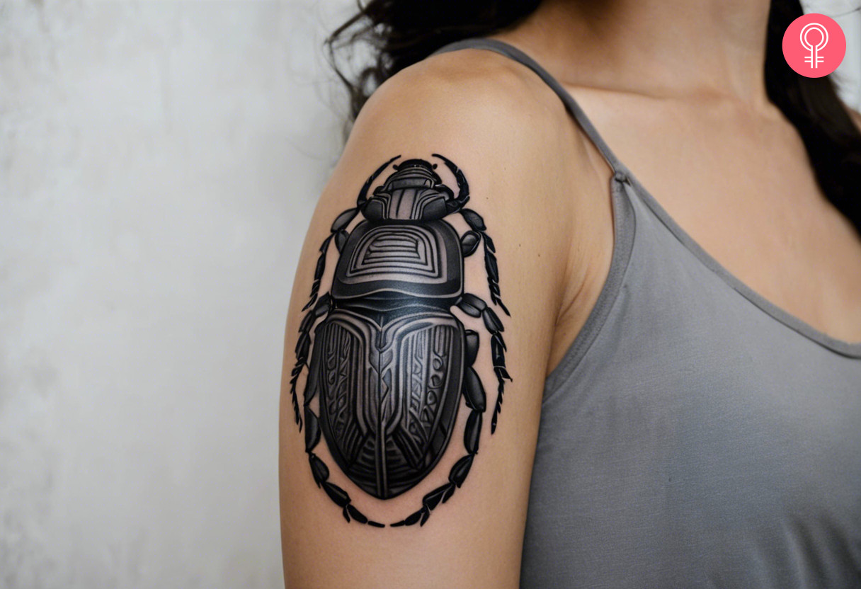 Bold scarab tattoo on the upper arm