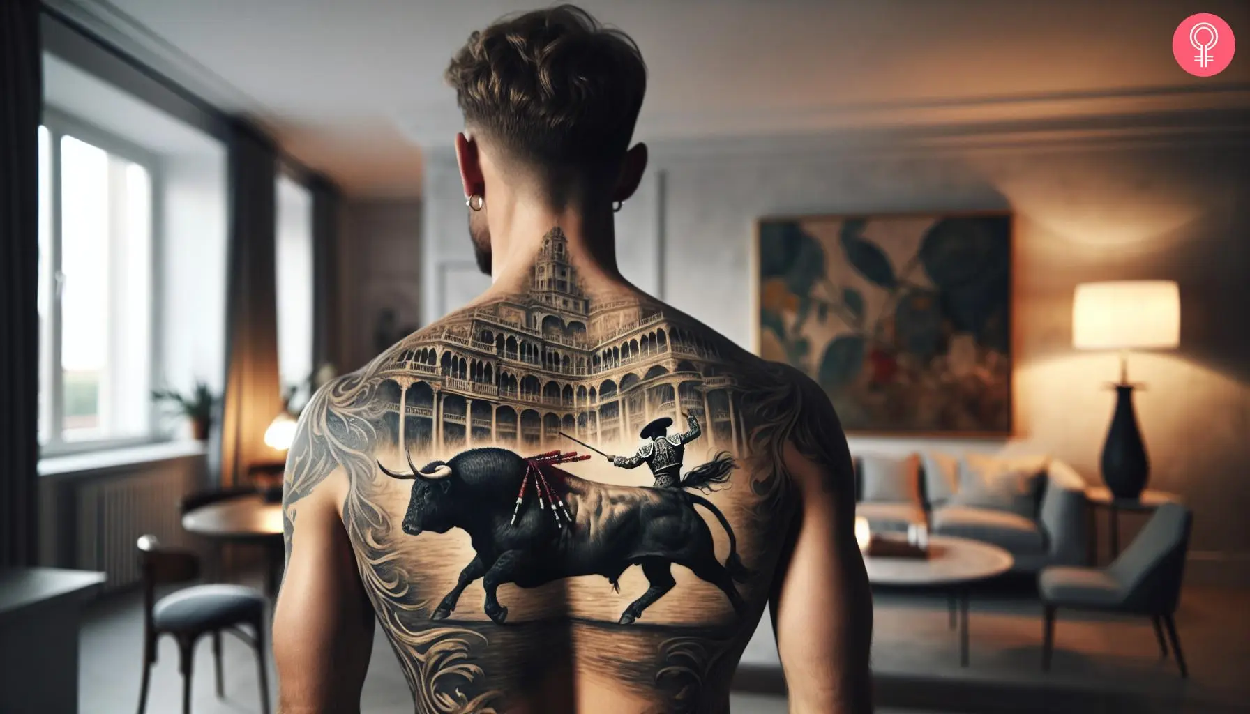 A man with a bullfighting tattoo on his back