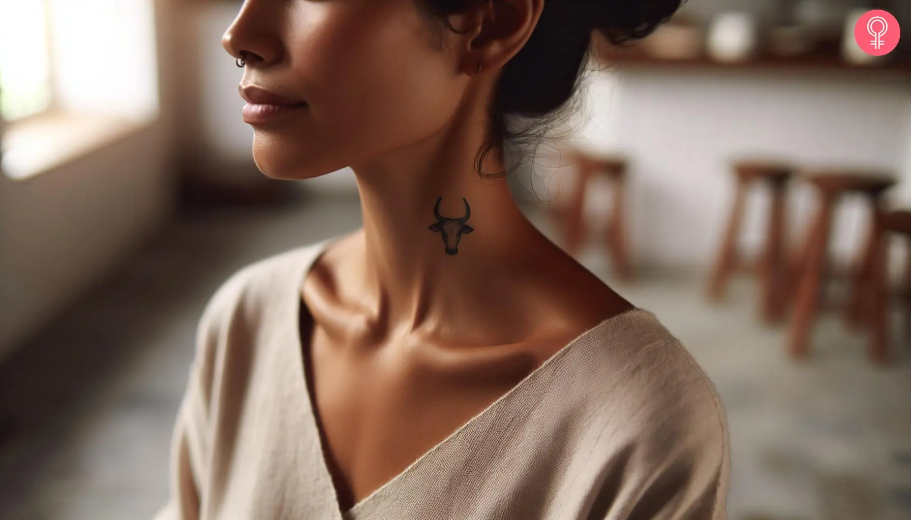 A woman with a small bull tattoo on her neck