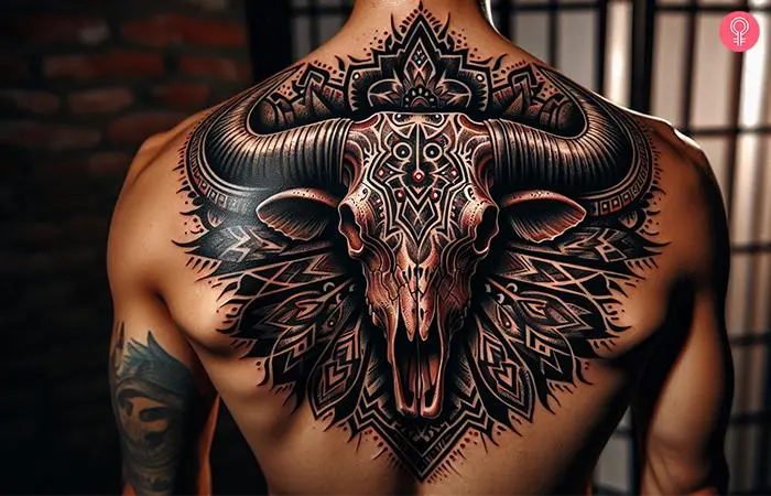 A man with a bull skull tattoo on his back