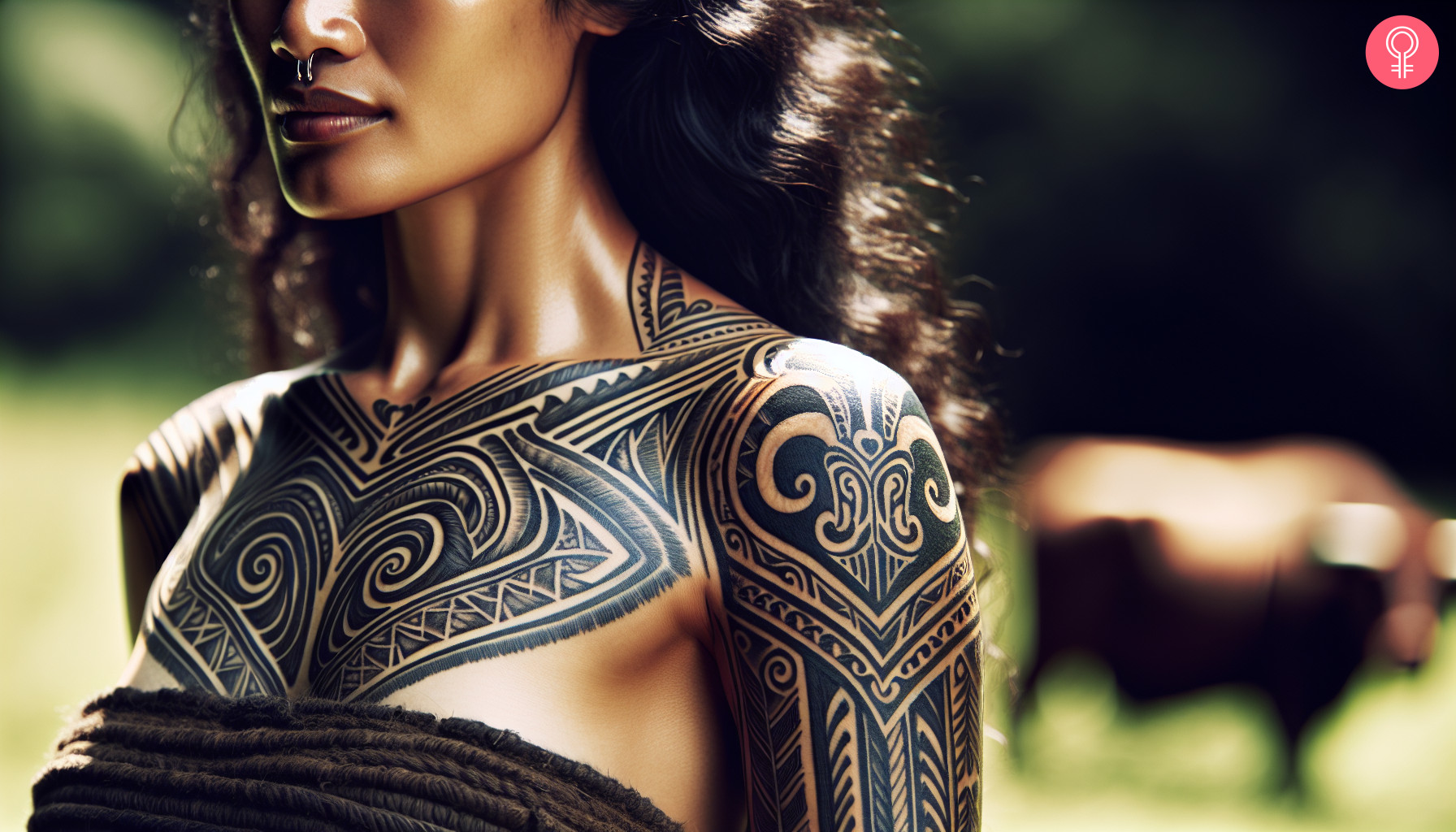 Bull manawa ta moko tattoo on the shoulder and upper arm of a woman