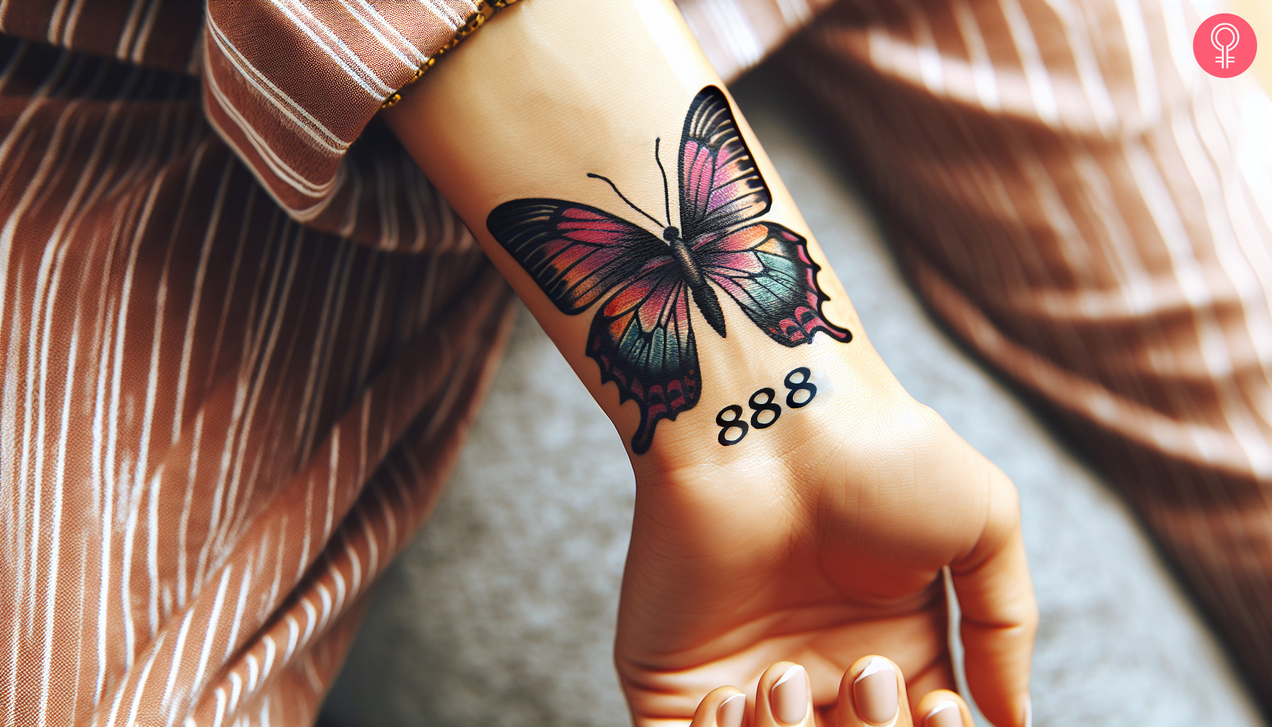 Schmetterlings-Engelszahl-Tattoo am Handgelenk einer Frau