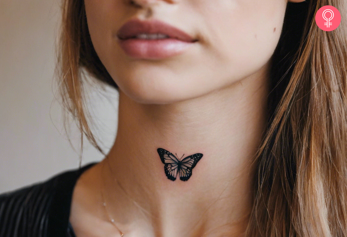 Butterfly tattoo on a woman’s neck