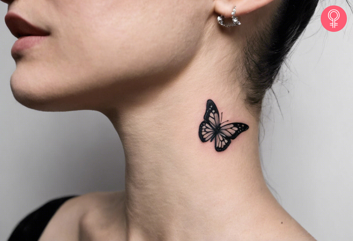 A butterfly tattoo on the side of the neck