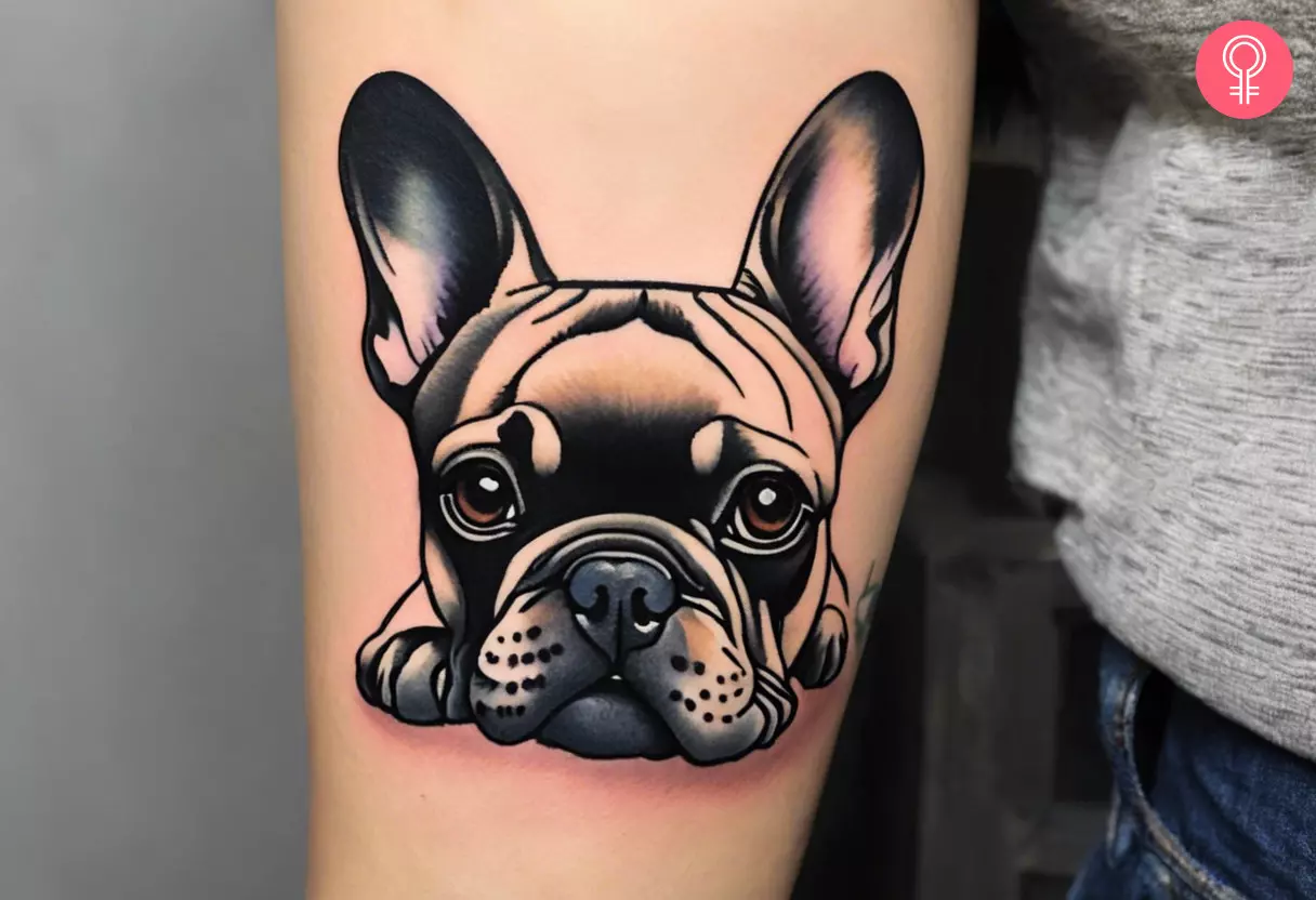 A cartoon French bulldog tattoo on the forearm