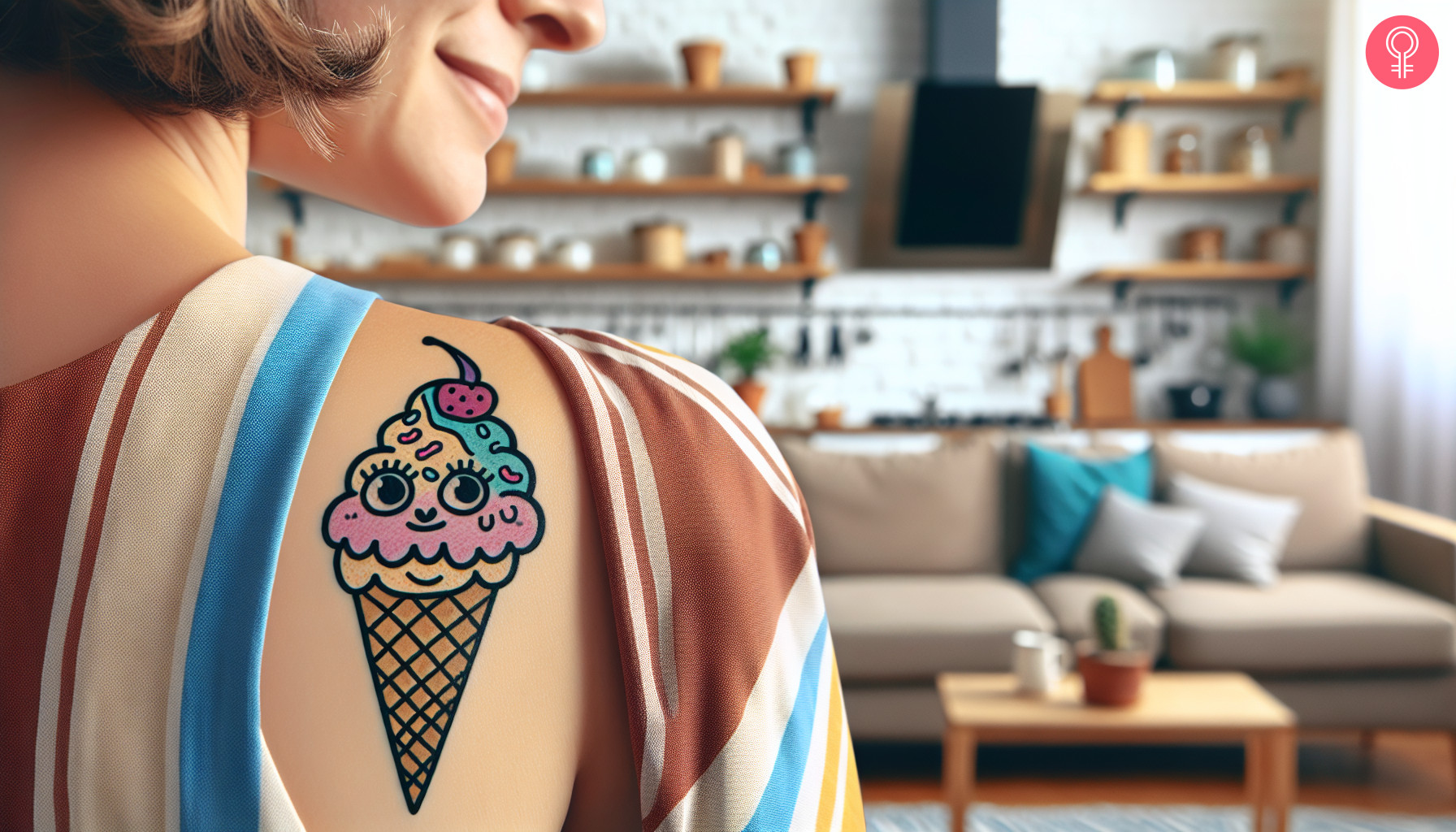 A woman flaunting a cartoon ice cream tattoo on her shoulder