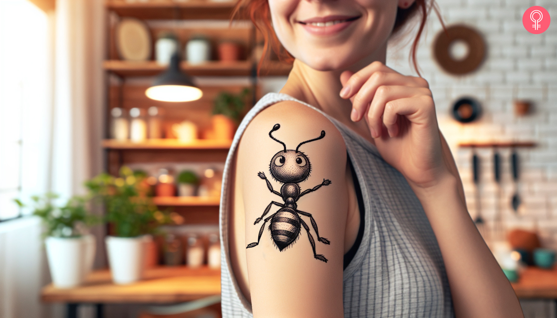 Cartoon ant tattoo on the upper arm