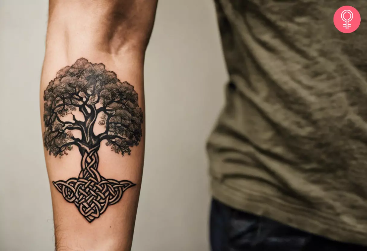 A man with a Celtic oak tree tattoo on his forearm