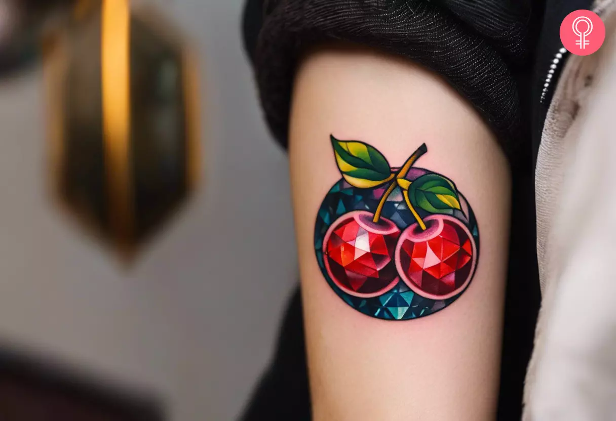 Cherry disco ball tattoo on the upper arm