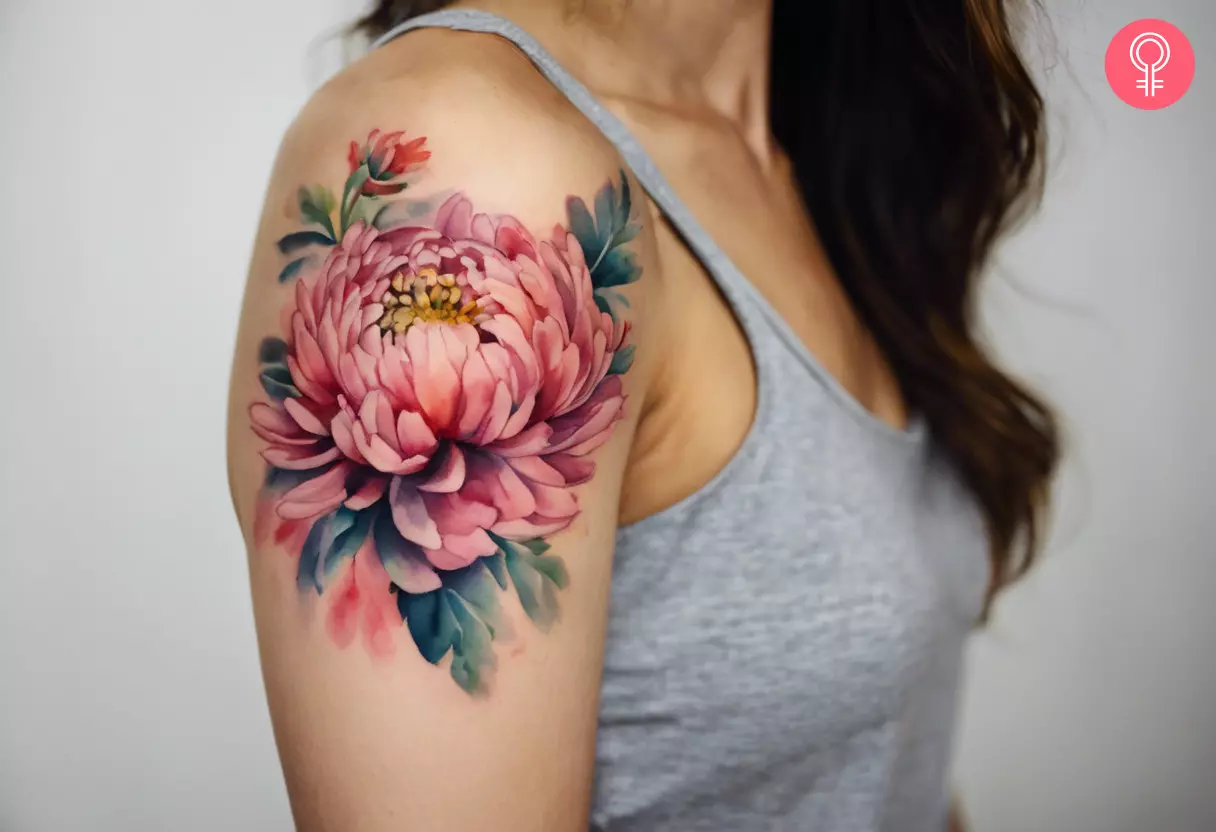 Chrysanthemum flower tattoo on the upper arm