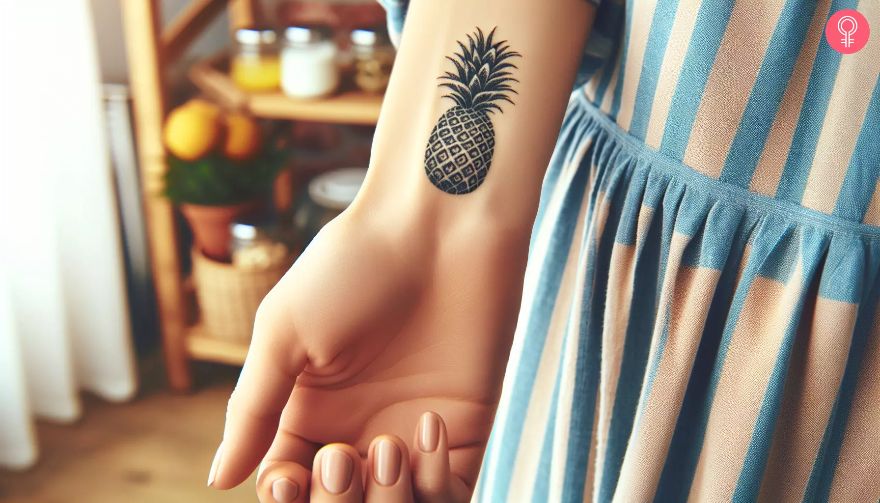 Close-up of a small pineapple tattoo on a woman's wrist