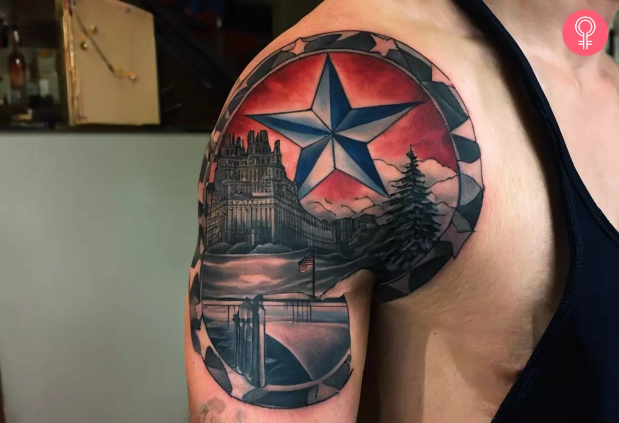 A cool patriotic tattoo on the back of a woman