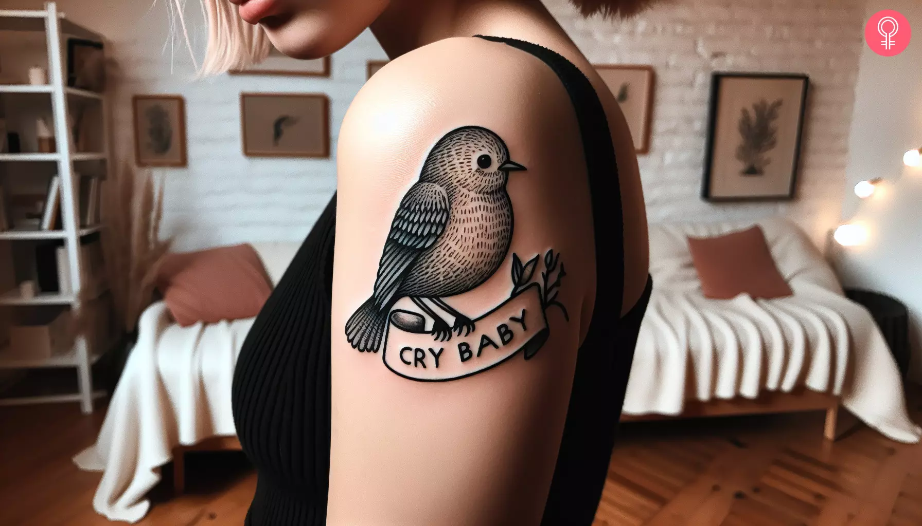 Cry Baby bird tattoo on the upper arm