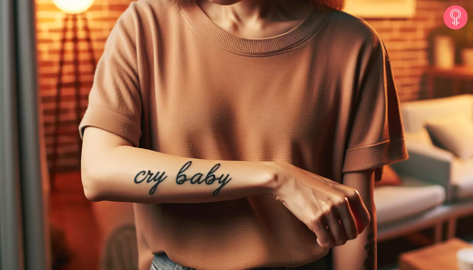 Cursive Cry Baby tattoo on the forearm