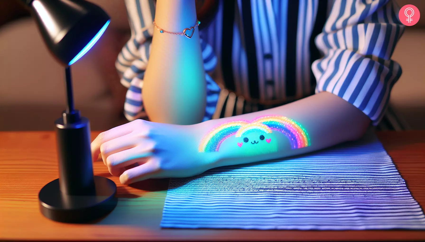 A cute rainbow UV tattoo on the forearm of a woman