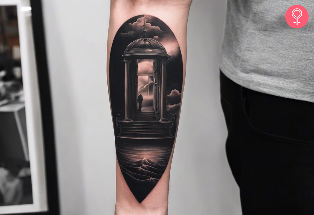 Man with dark surrealism tattoo on his arm
