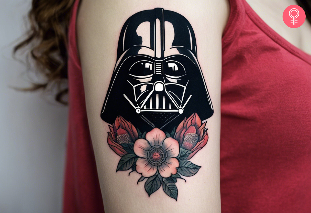 Darth vader flower tattoo on the upper arm