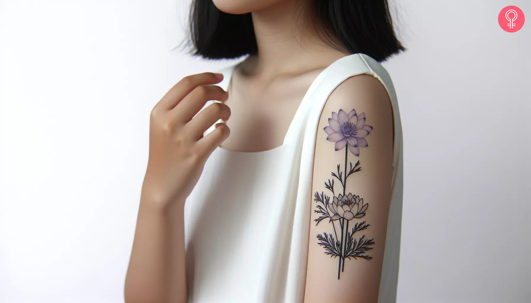 Woman with a delphinium and water lily tattoo on the upper arm