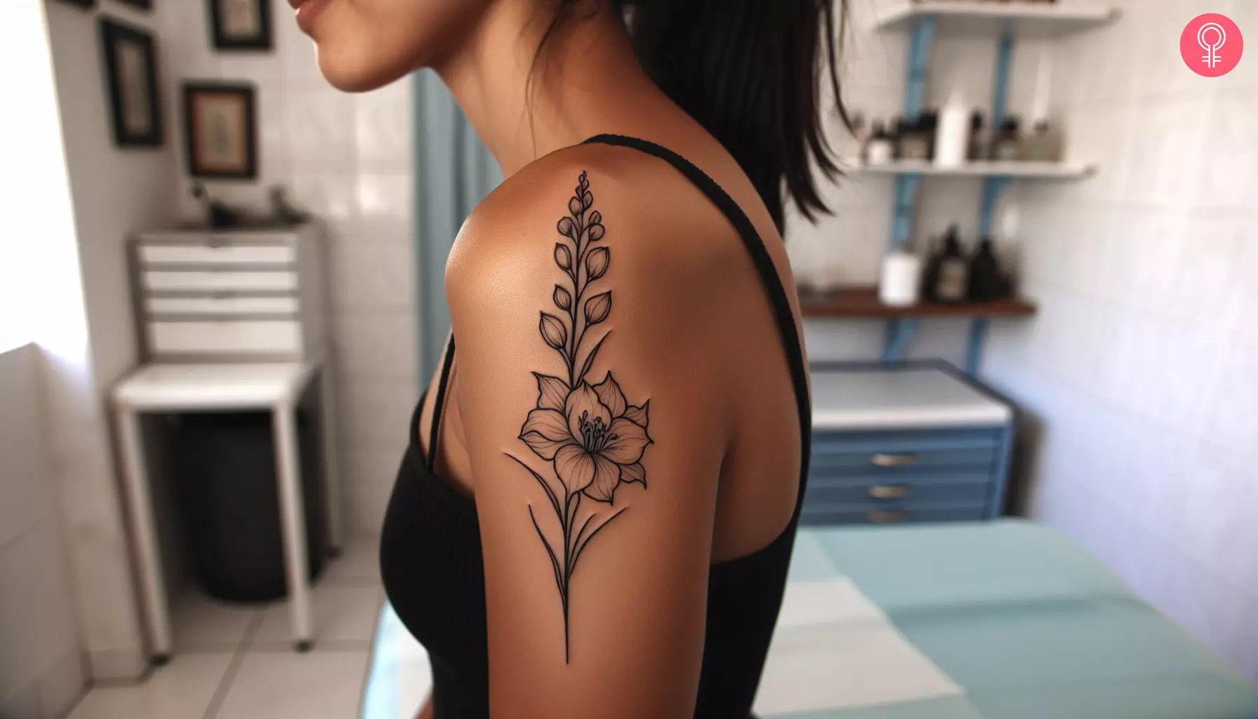 Woman with a delphinium fine line tattoo on the upper arm