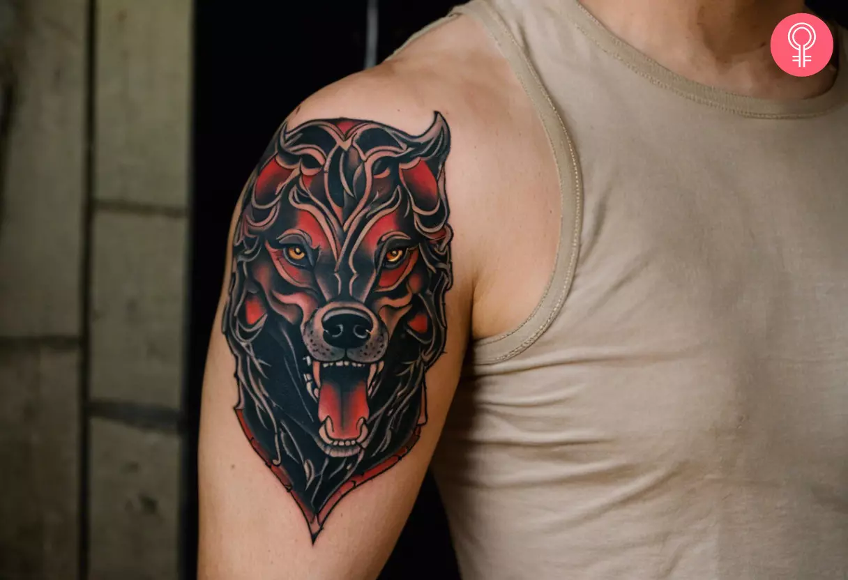 Demon dog tattoo on the upper arm