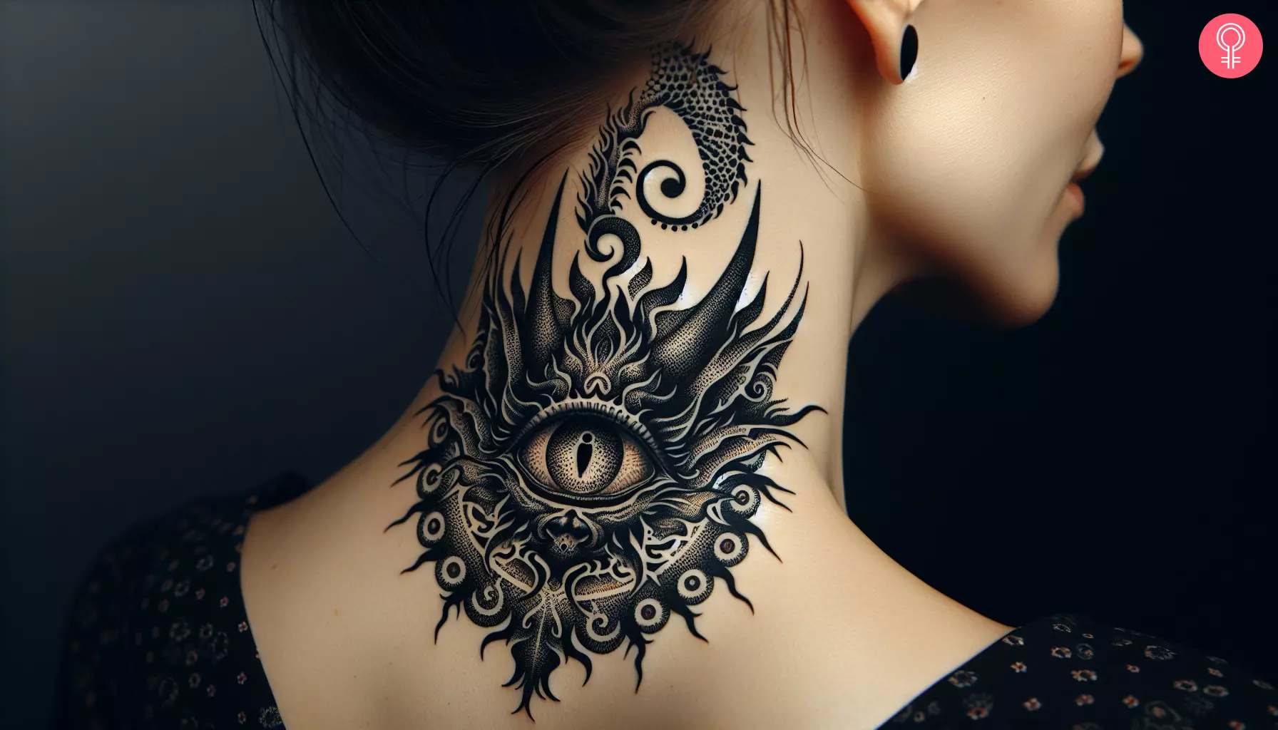 Demon eye tattoo on the back of the neck