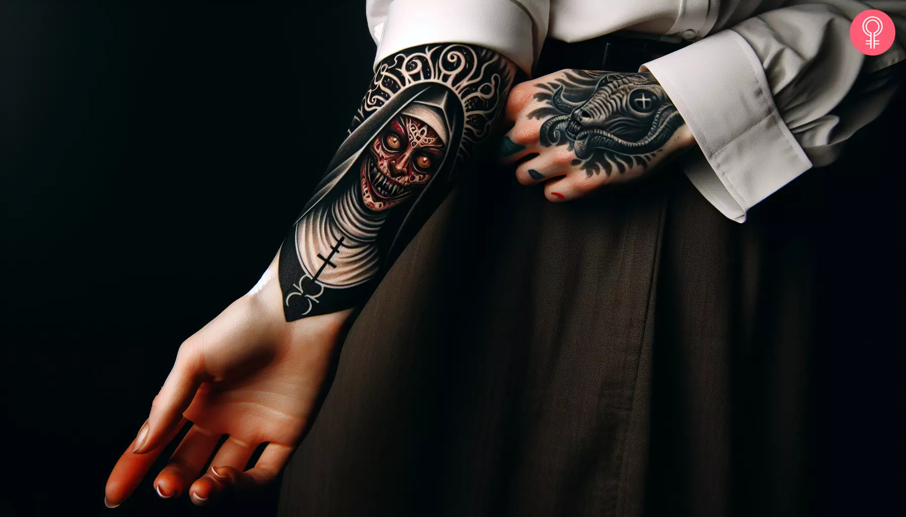 Demon nun tattoo on the forearm