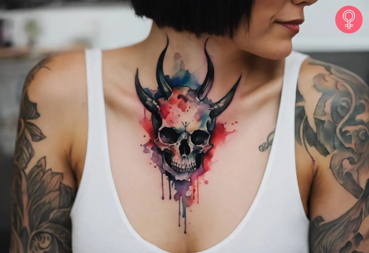 Demon skull tattoo on the chest