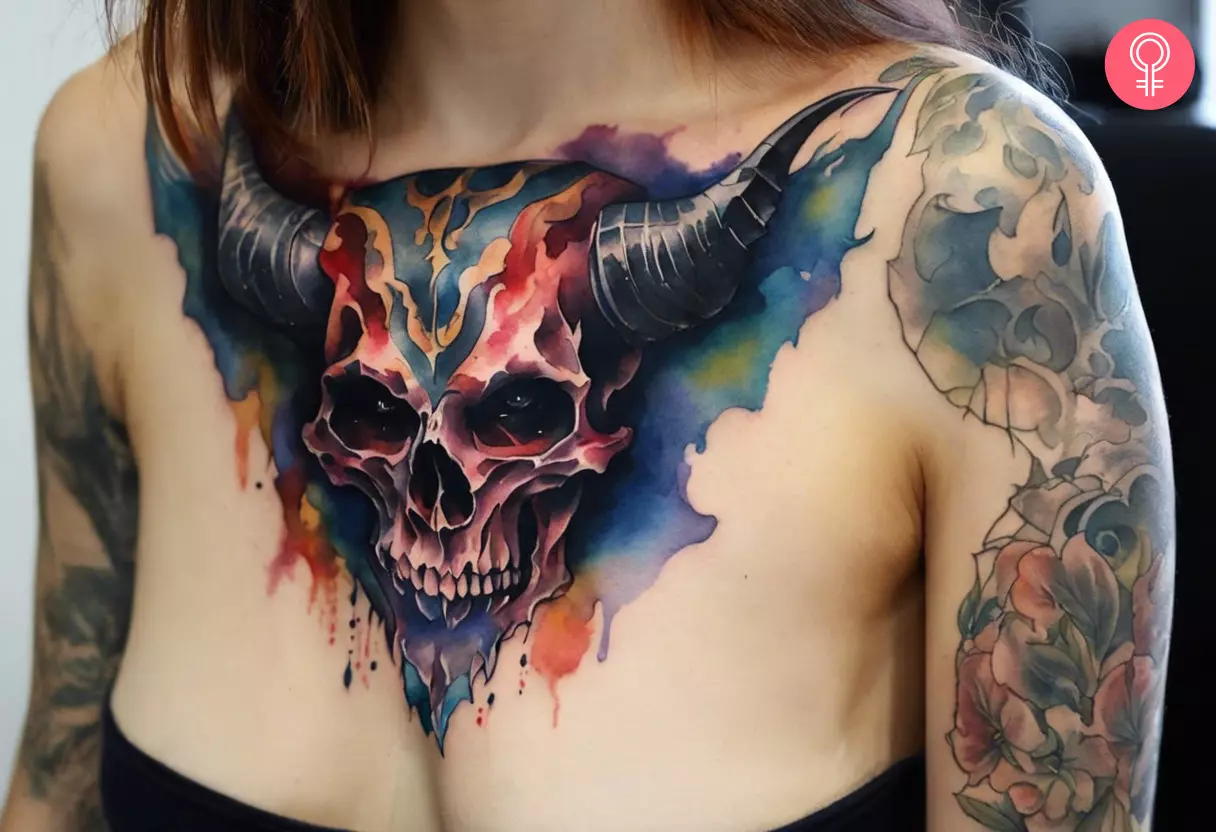 Demon skull tattoo on the chest