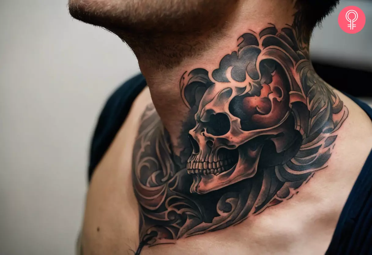 Demon skull tattoo on the neck