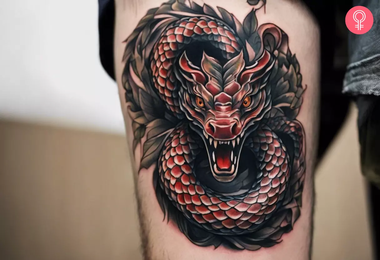 Demon snake tattoo on the outer arm