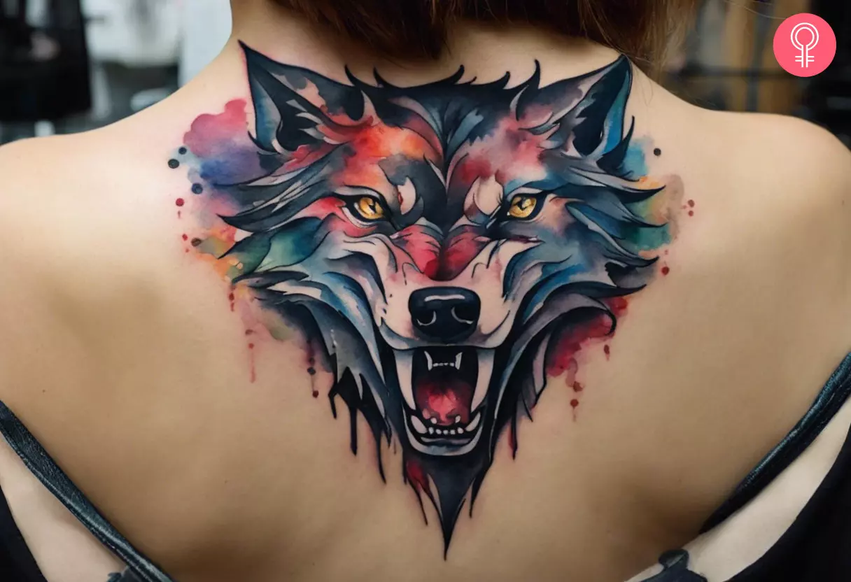 Demon wolf tattoo on the back