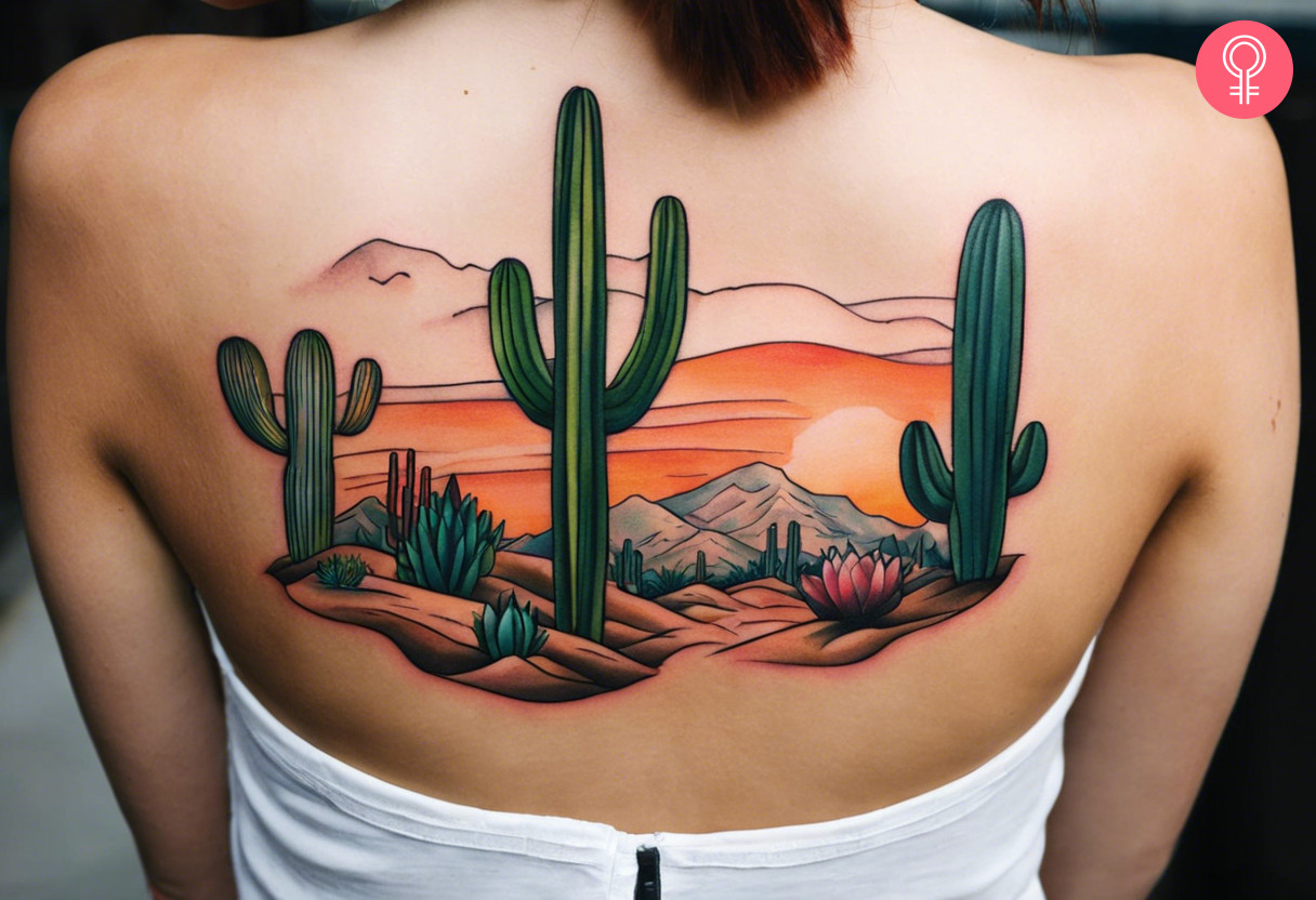 A desert cactus tattoo on the back