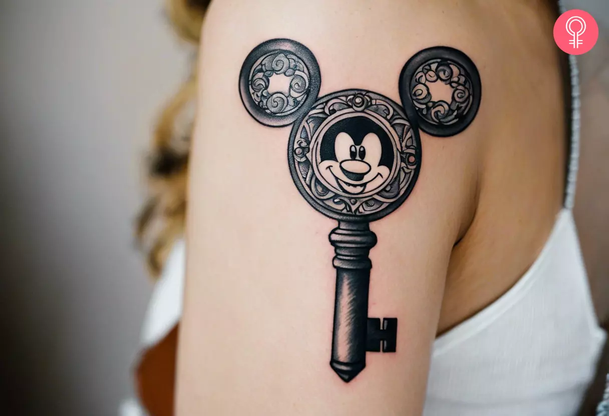 Mickey mouse disney key tattoo on the upper arm