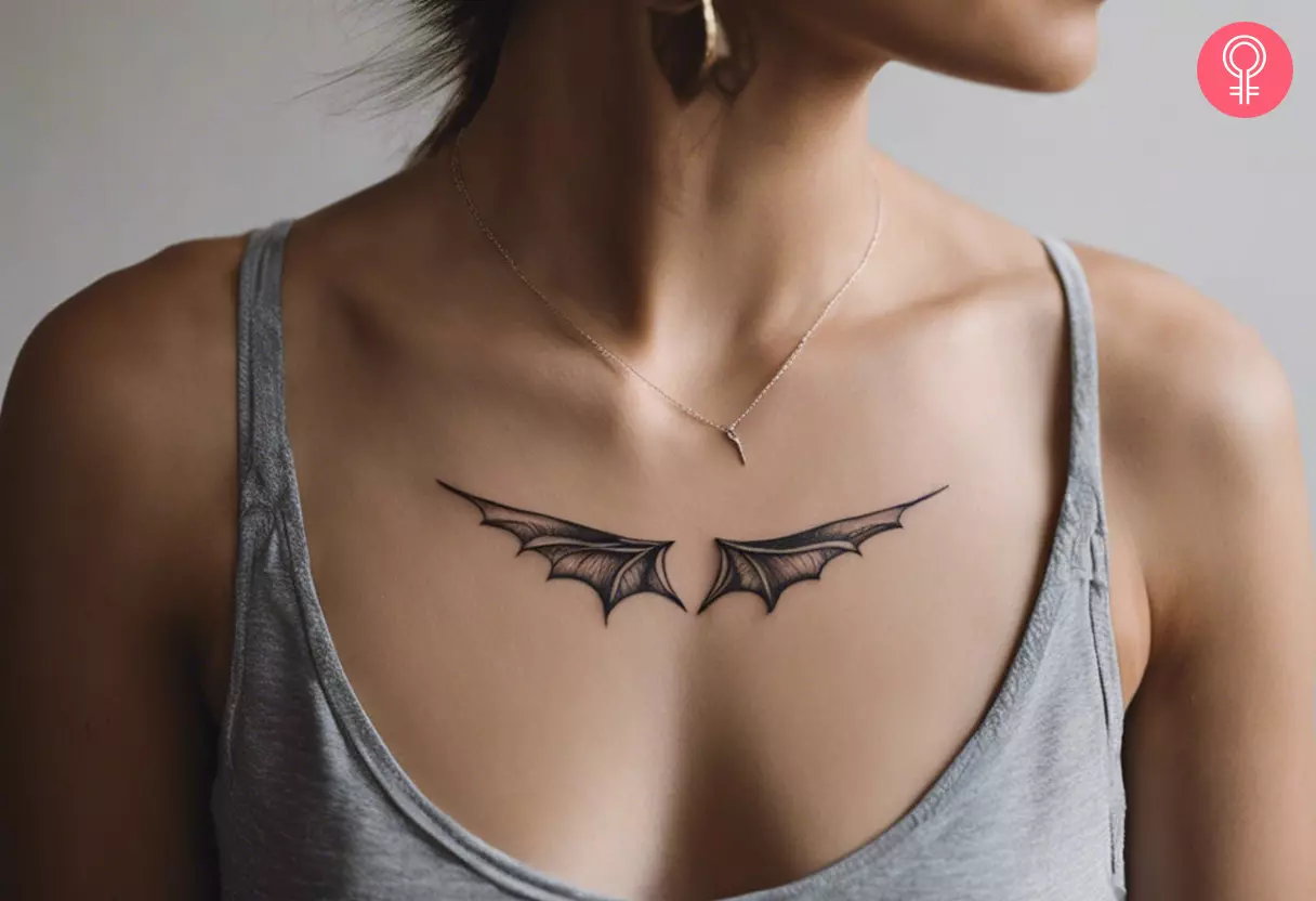 Dragon wing tattoo on the upper chest of a woman