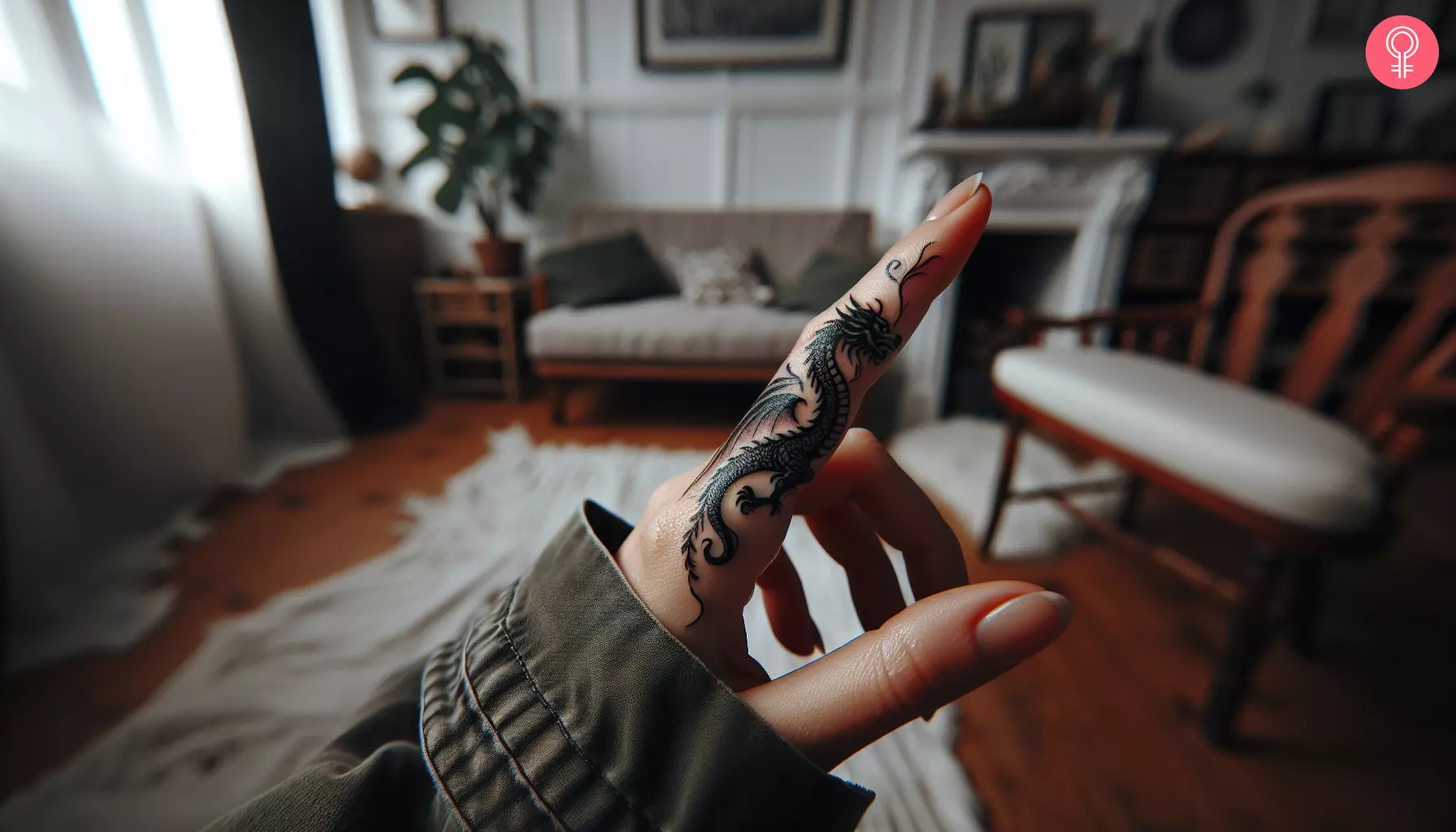 Elegant and small dragon tattoo on the finger of a woman