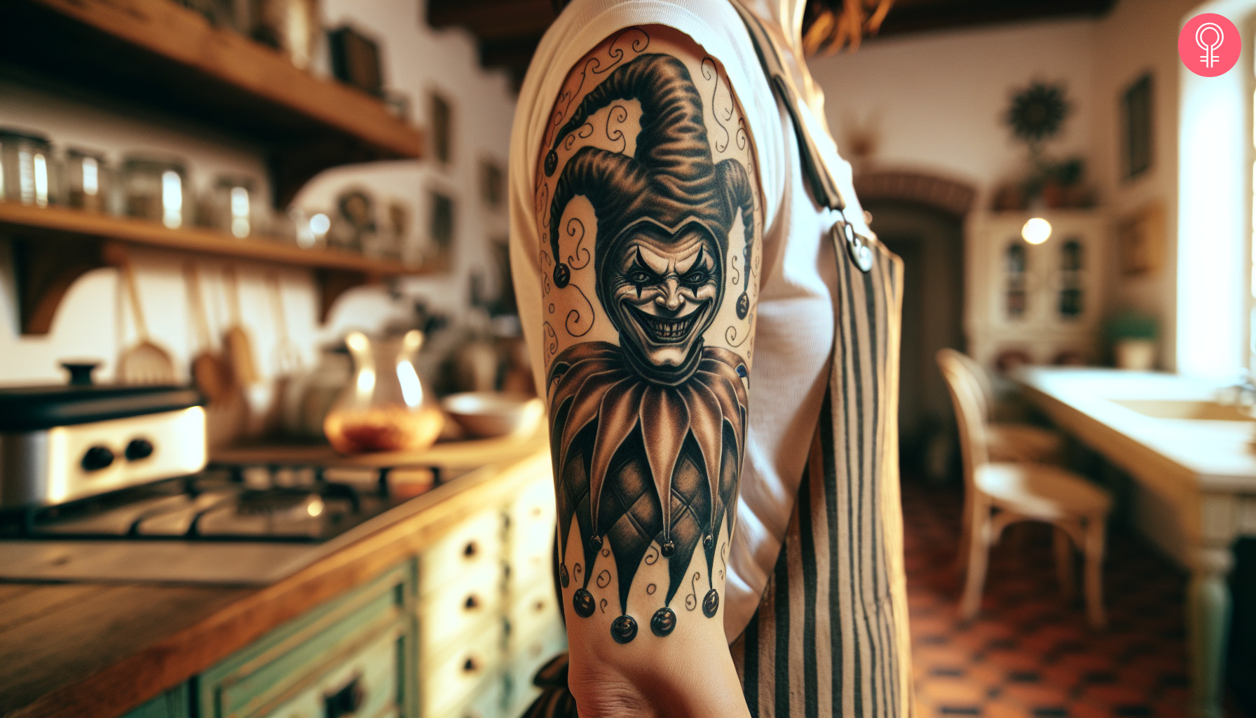 Evil jester tattoo on the upper arm of a woman