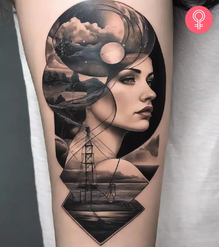 Woman with surrealism tattoo on her arm