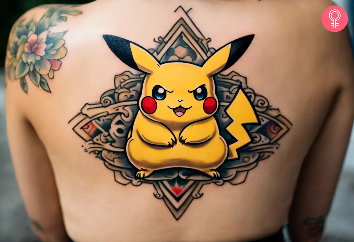 A woman with a fat Pikachu tattoo on her upper back