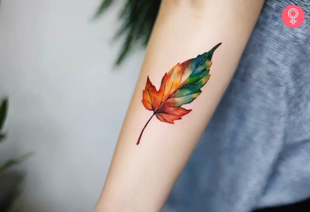 Feminine leaf tattoo on the forearm