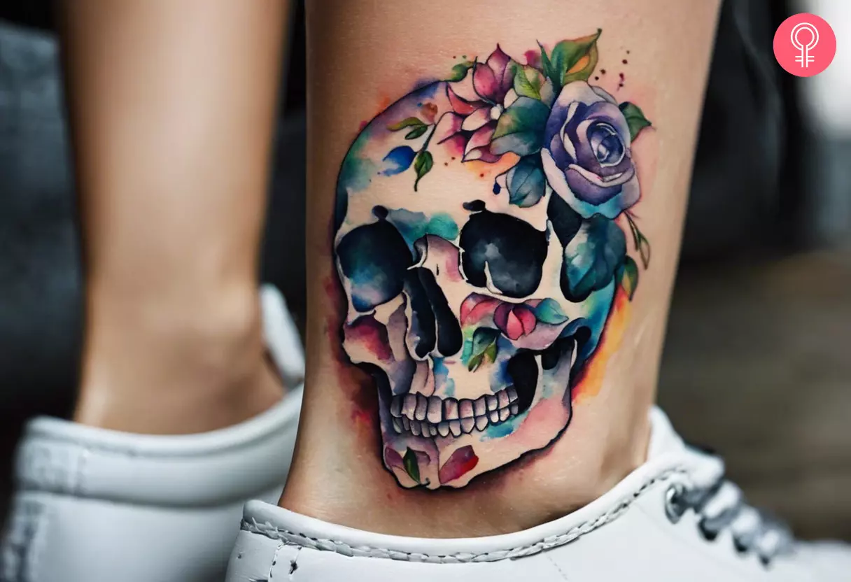 Feminine pretty skull tattoo on the ankle