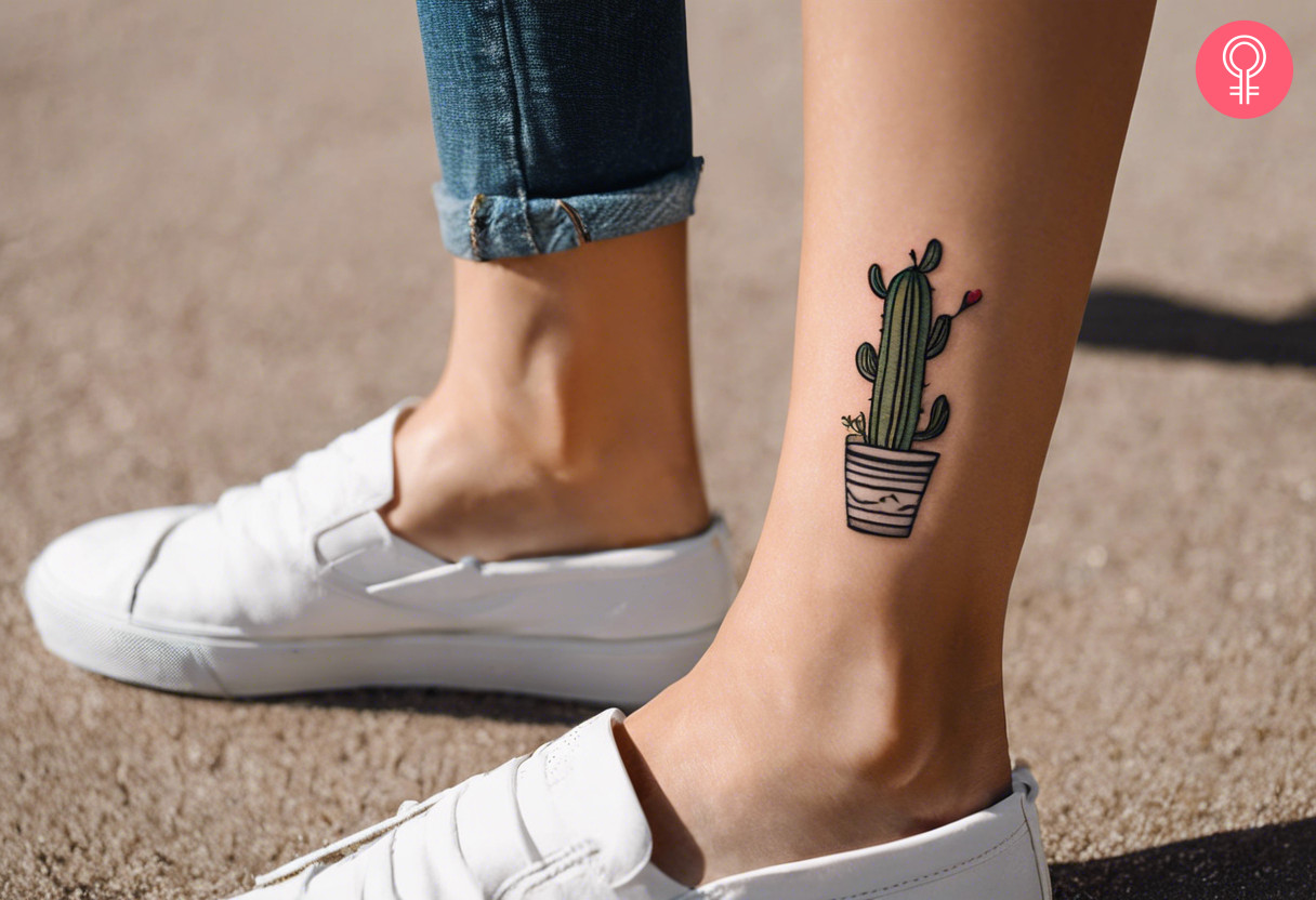 A fine-line cactus tattoo above the ankle